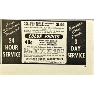 Eveready Color Laboratories "Color Prints 3 Day Service" Vintage Print Ad 1949